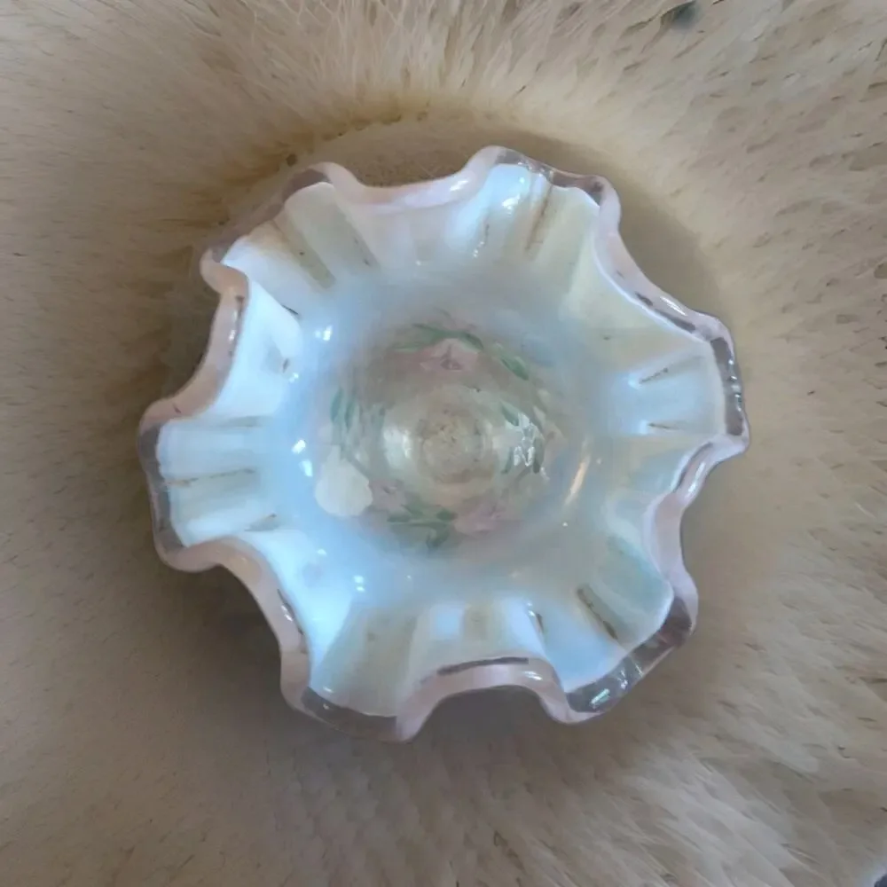 Fenton Art Glass Pink Crest Ruffle 4” Vase Opaline Optic hand painted Floral
